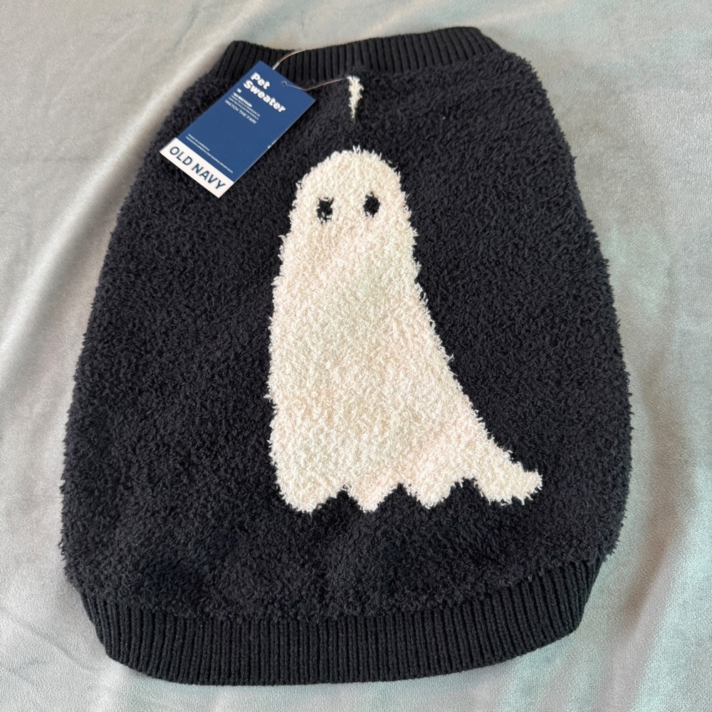 Old Navy Pet Sweater Medium Black Ghost Fuzzy Knit Halloween Spooky Costume